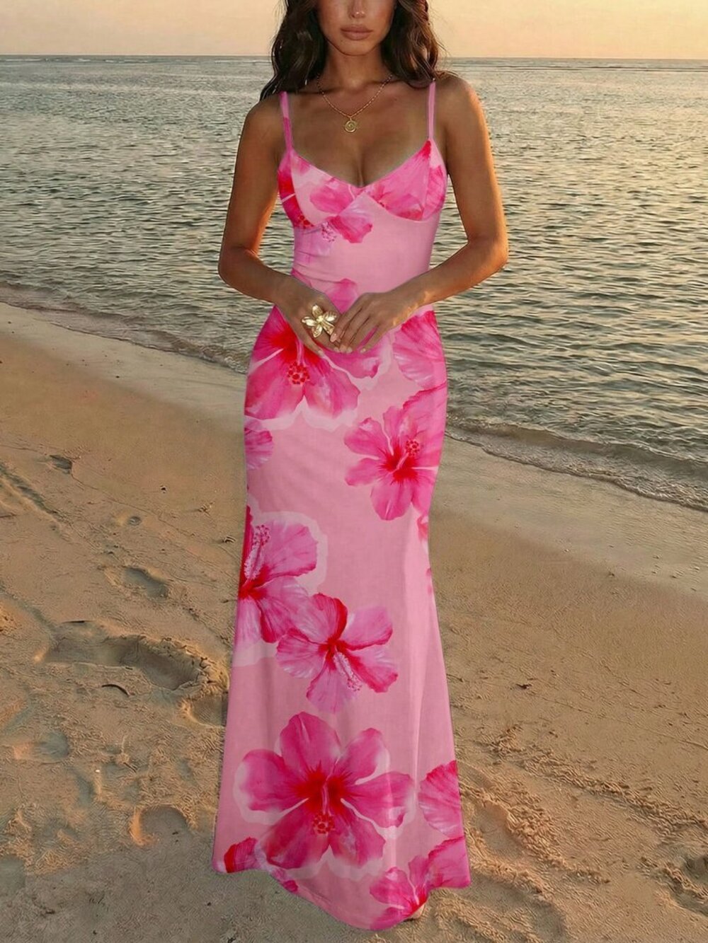 Elegant Pink Women's Vacation Spaghetti Strap Bodycon Dress